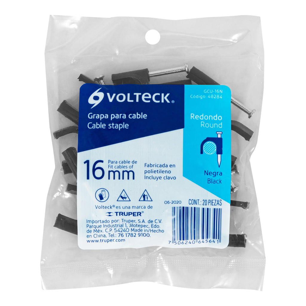 Grapas negras de 16 mm para cable redondo, bolsa con 20pz, VOLTECK GCU-16N (48284)