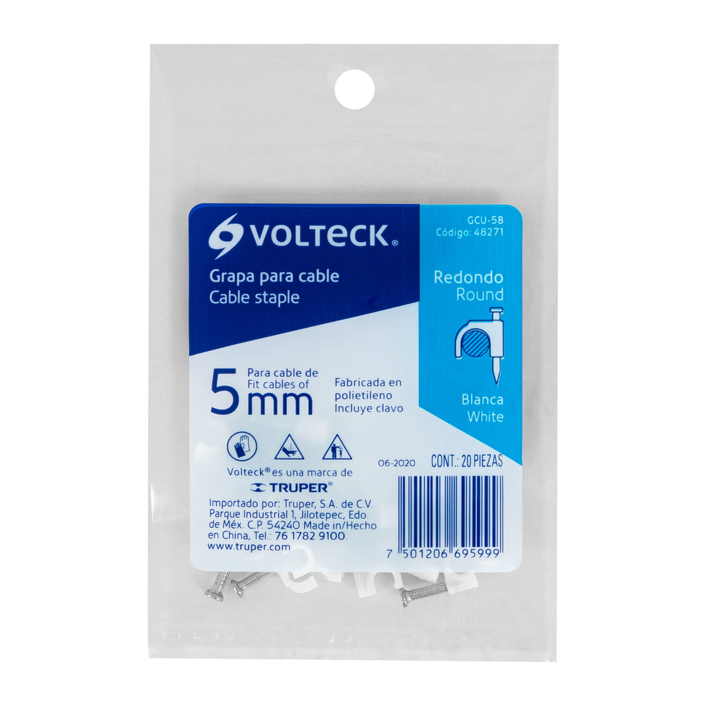 Grapas blancas de 5 mm para cable redondo bolsa con 20pz, VOLTECK GCU- 5B (48271)