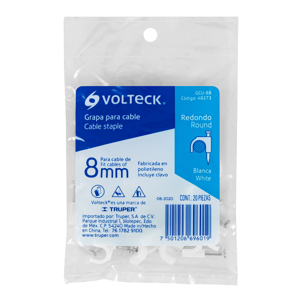 Grapas blancas de 8 mm para cable redondo, bolsa con 20pz, VOLTECK GCU-8B (48273)