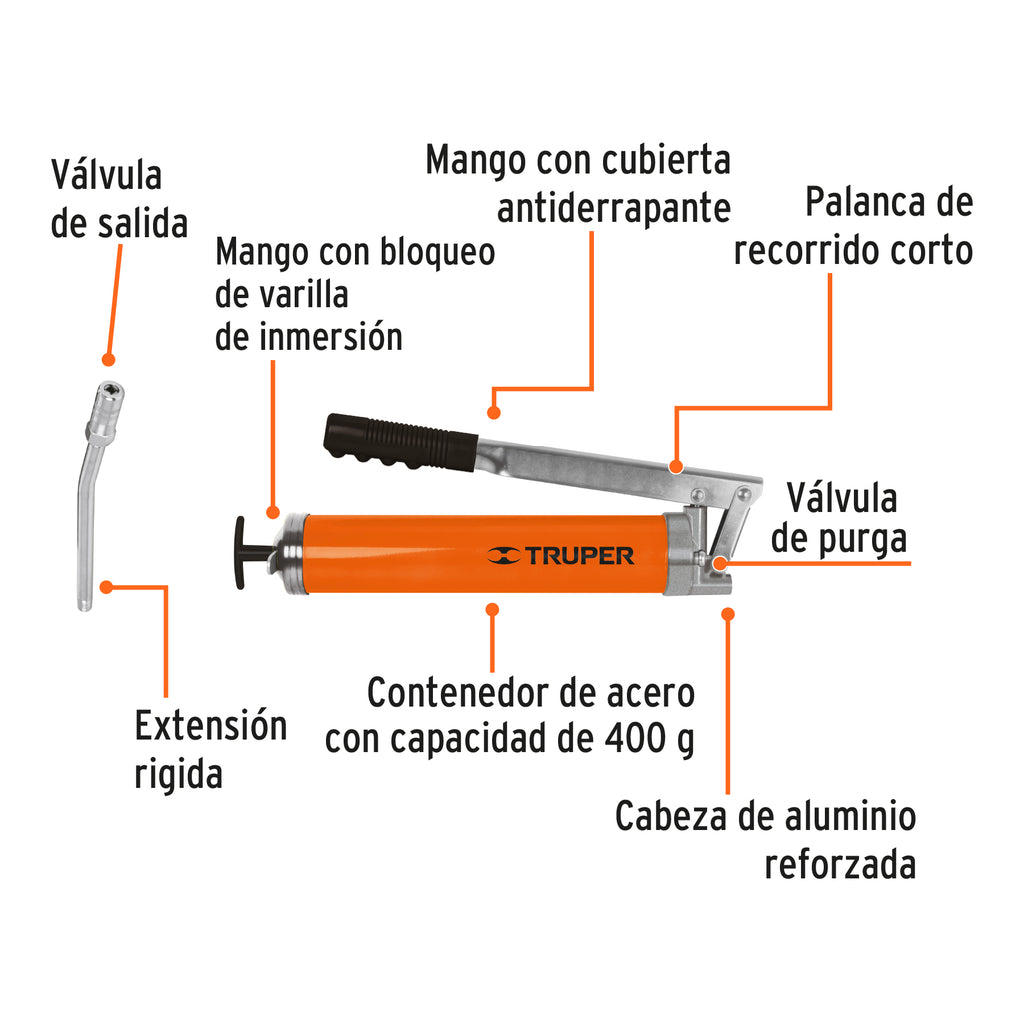 Inyectora de grasa 14 oz, 6000 PSI con grip antiderrapante TRUPER GRAS-13 (14859)