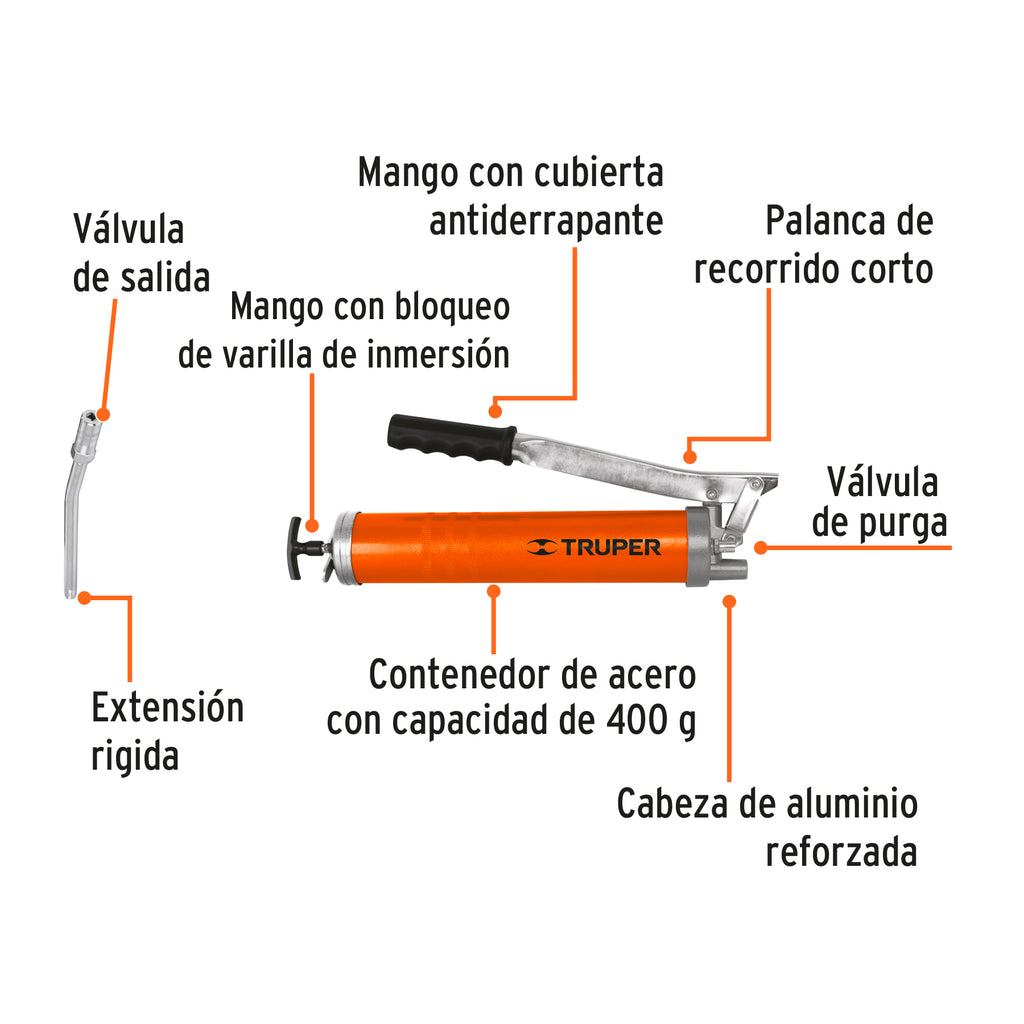 Inyectora de grasa 14 oz, 8000 PSI con grip antiderrapante TRUPER GRAS-14 (14860)