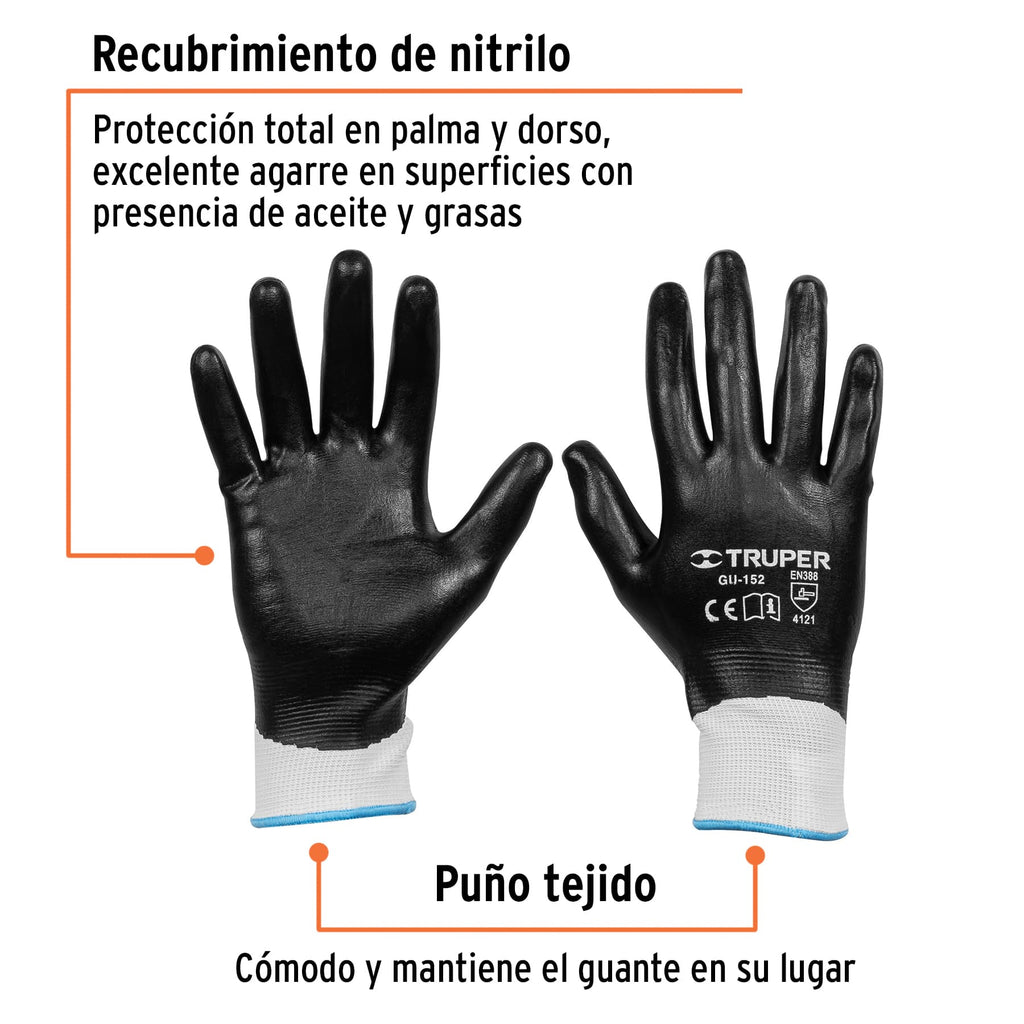 Guantes de poliéster con recubrimiento de nitrilo, M, TRUPER GU-152 (18026)