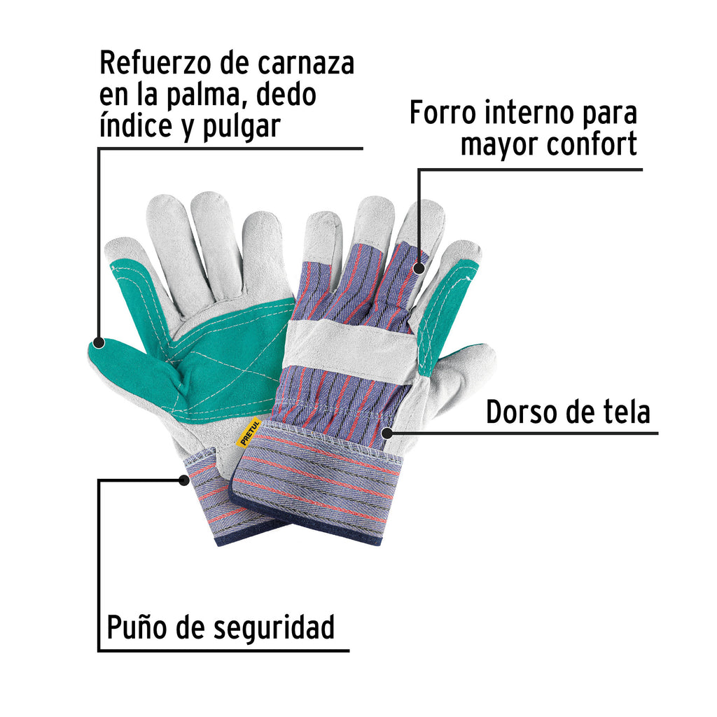 Guantes de carnaza y loneta con refuerzo, unitalla, PRETUL GU-215P (29977)