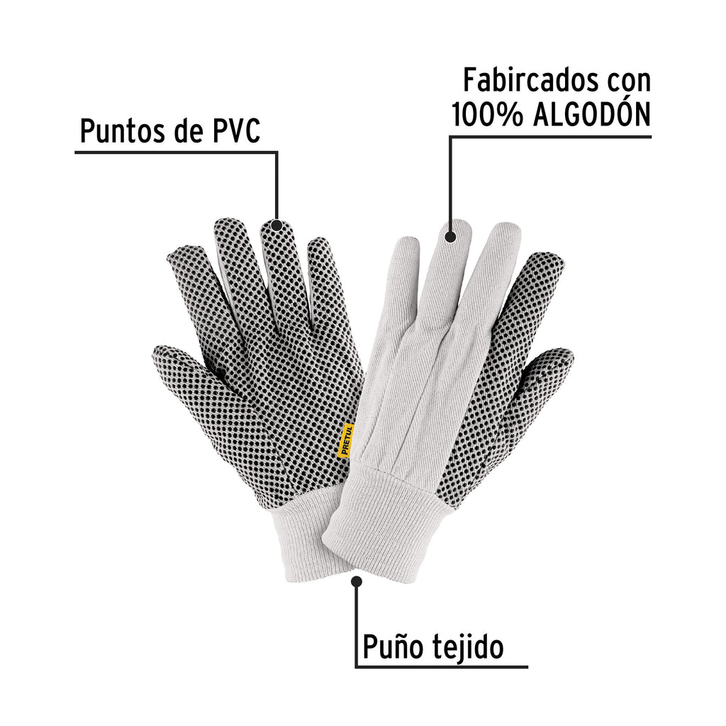 Guantes de algodón con puntos PVC en palma, unitalla, PRETUL GU-455 (20330)