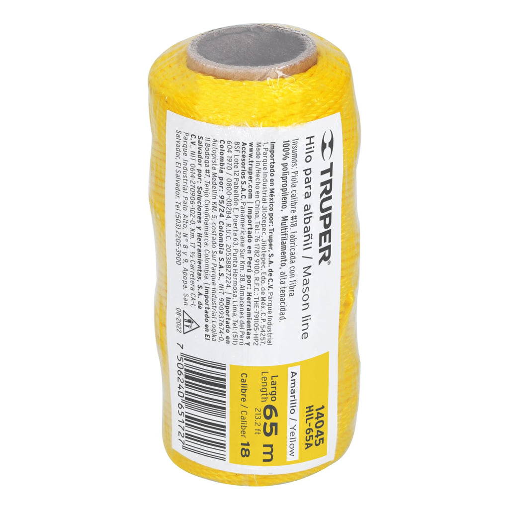 Hilo para albañil amarillo carrete con 65 m, TRUPER HIL-65A (14045)