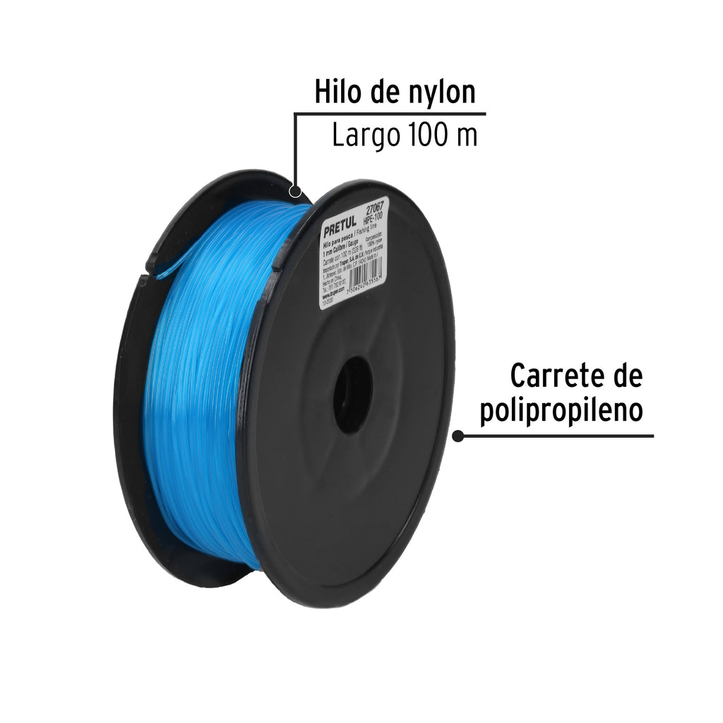 Carrete con 100 m de hilo para pesca azul calibre 1.00 mm PRETUL HIPE-100 (27067)