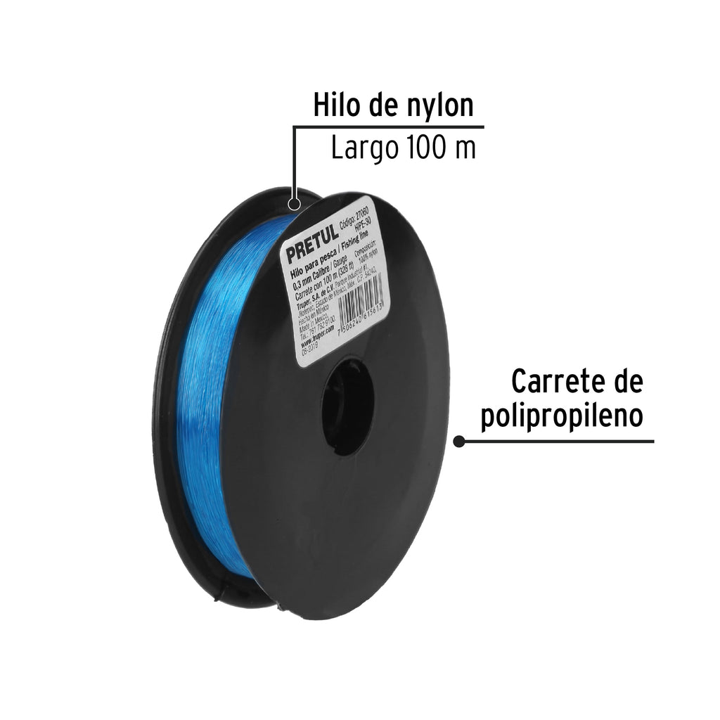 Carrete con 100 m de hilo para pesca azul calibre 0.30 mm PRETUL HIPE-30 (27060)