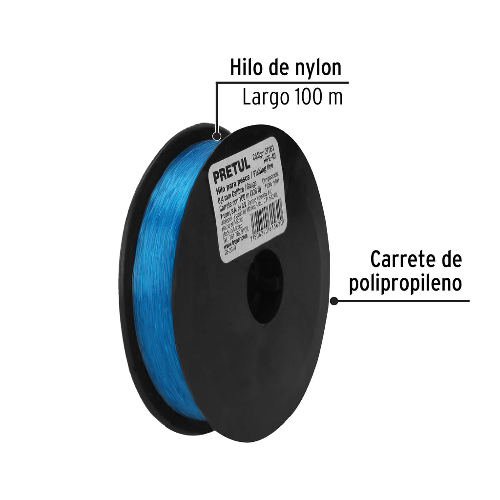 Carrete con 100 m de hilo para pesca azul calibre 0.40 mm PRETUL HIPE- 40 (27061)