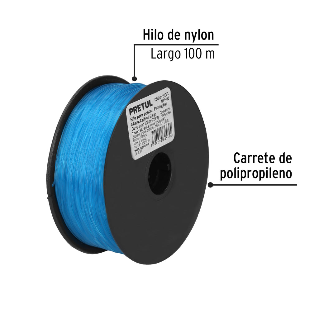 Carrete con 100 m de hilo para pesca azul calibre 0.60 mm PRETUL HIPE- 60 (27063)