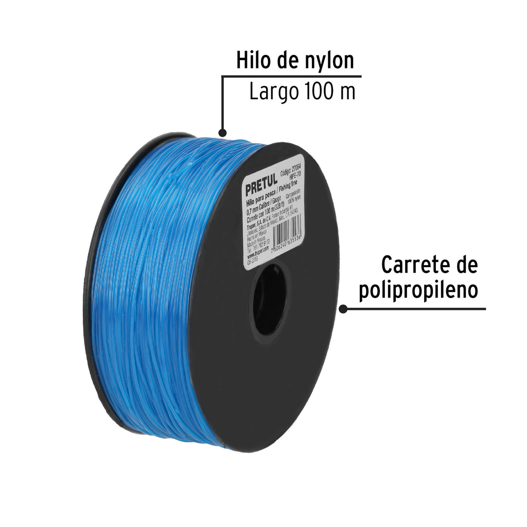 Carrete con 100 m de hilo para pesca azul calibre 0.70 mm PRETUL HIPE- 70 (27064)