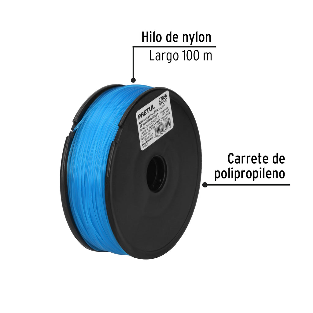 Carrete con 100 m de hilo para pesca azul calibre 0.90 mm PRETUL HIPE- 90 (27066)