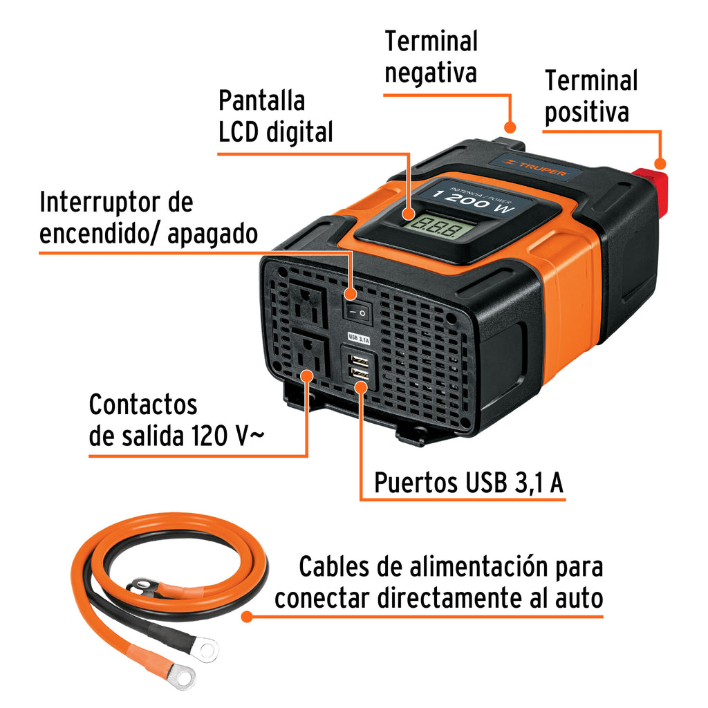 Inversor de corriente de 1200 W con puertos USB, TRUPER INCO-1000 (10491)