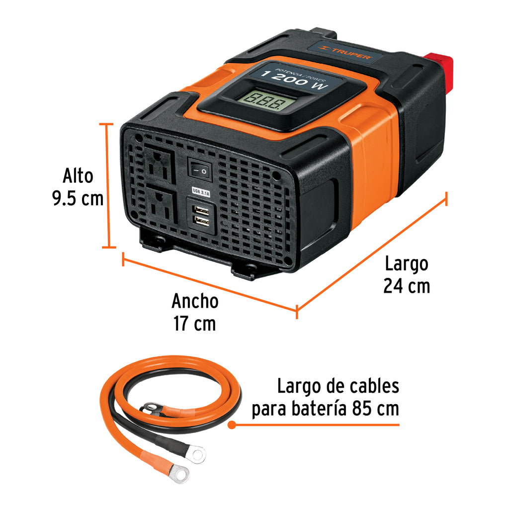 Inversor de corriente de 1200 W con puertos USB, TRUPER INCO-1000 (10491)