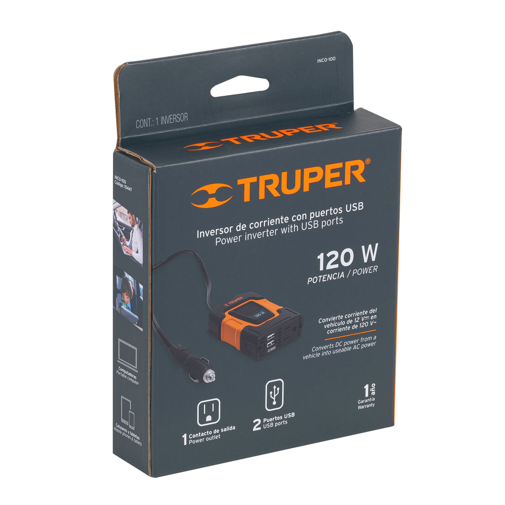 Inversor de corriente de 120 W con puertos USB, TRUPER INCO-100 (10447)