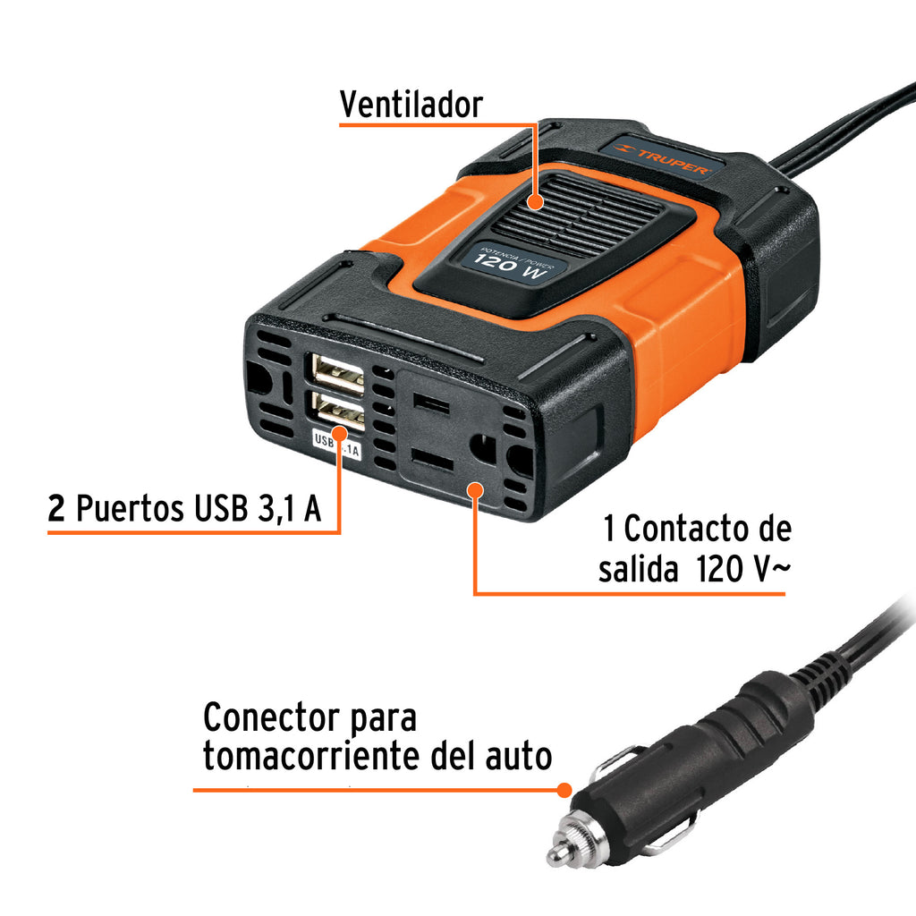 Inversor de corriente de 120 W con puertos USB, TRUPER INCO-100 (10447)