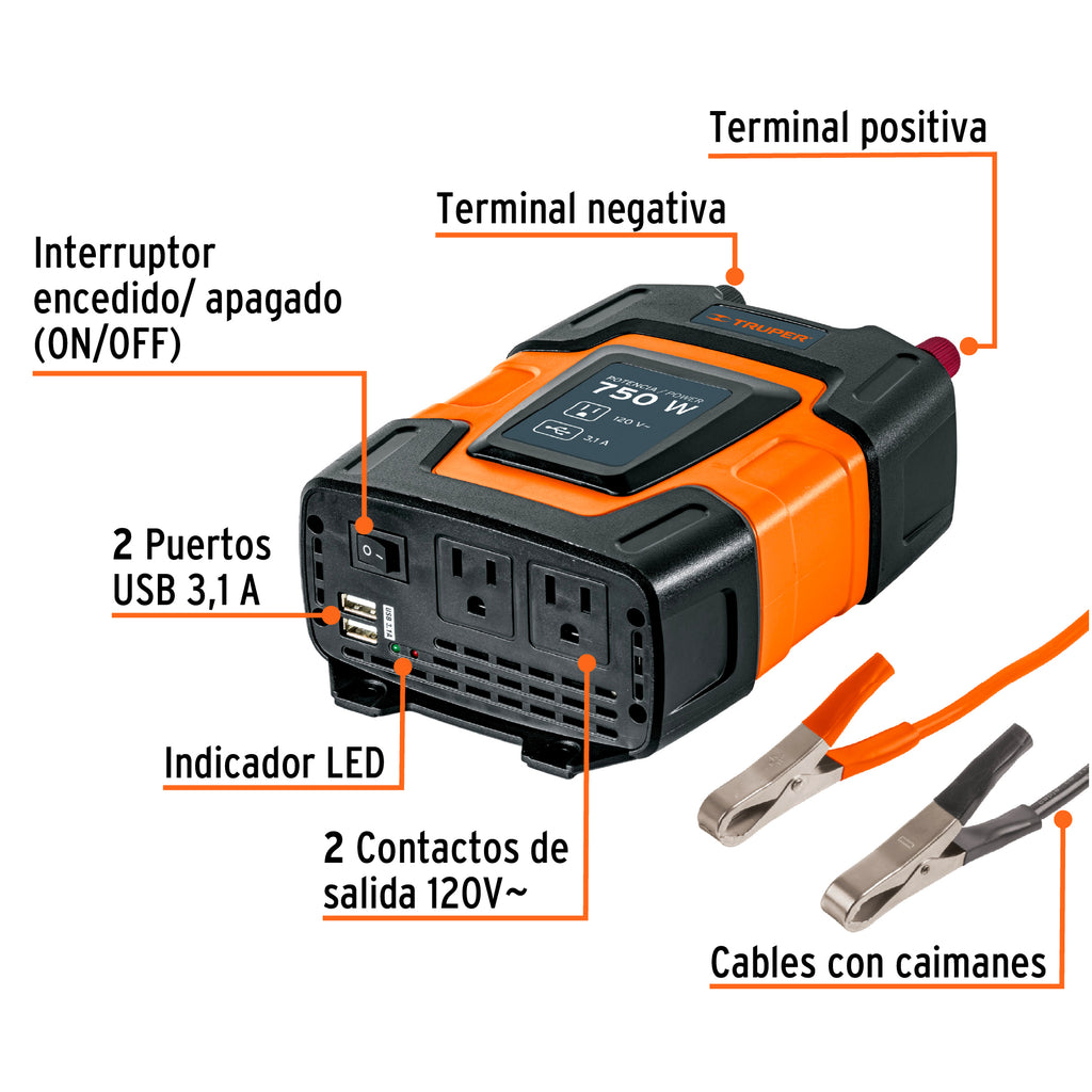 Inversor de corriente de 750 W con puertos USB, TRUPER  INCO-750 (10490)