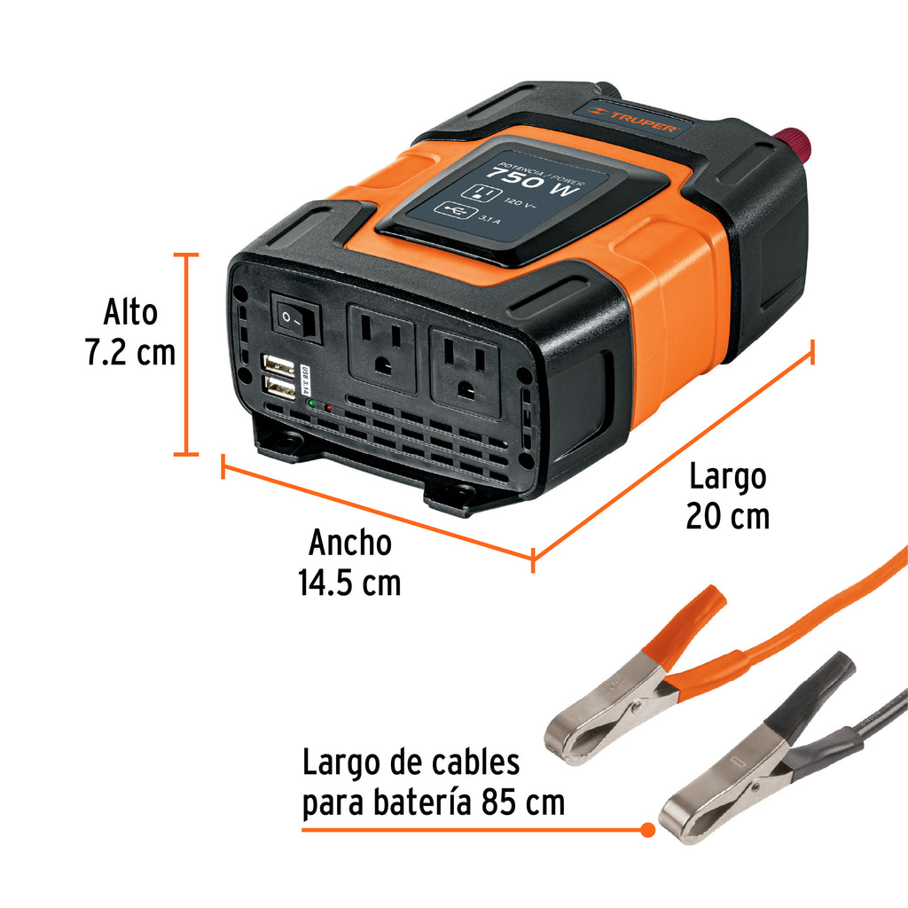 Inversor de corriente de 750 W con puertos USB, TRUPER  INCO-750 (10490)