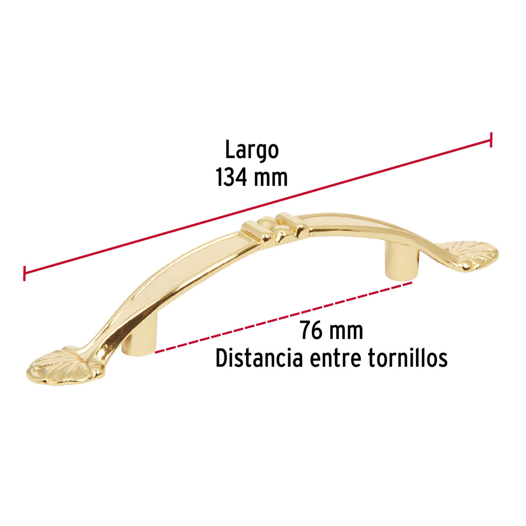 Jaladera para mueble metálica de 76 mm estilo "Barroco", latón brillante, HERMEX JAL-0421 (43834)