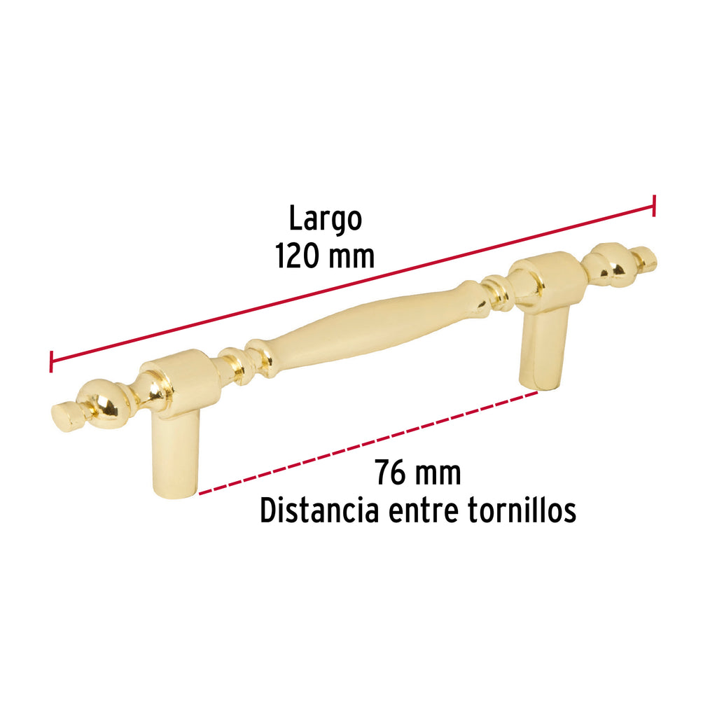 Jaladera para mueble metálica de 76mm estilo "Colonial", latón brillante, HERMEX JAL-0521 (43836)