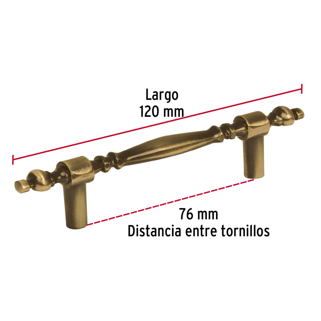 Jaladera para mueble metálica de 76 mm estilo "Colonial", latón antiguo, HERMEX JAL-0531 (43837)