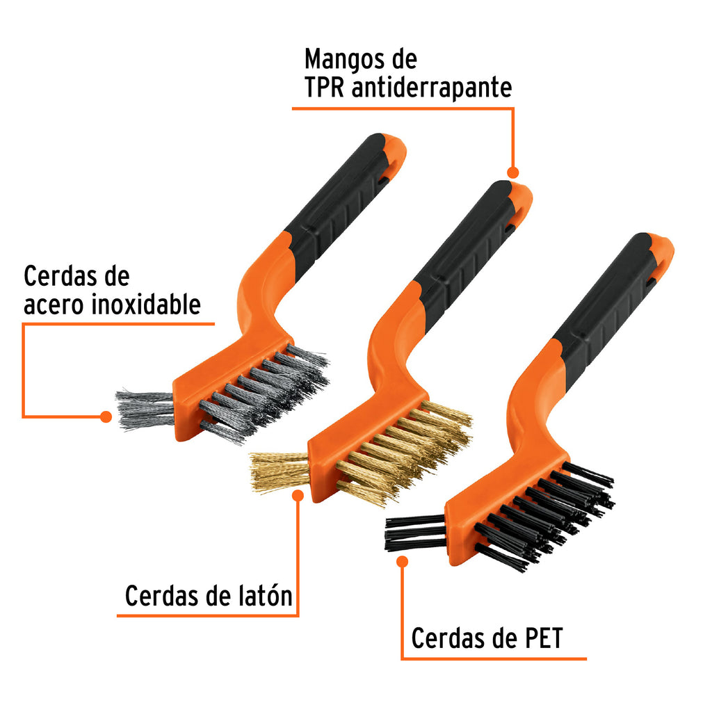 Juego de 3 mini cepillos de alambre 28 pinceles, TRUPER JCEA-3 (10652)