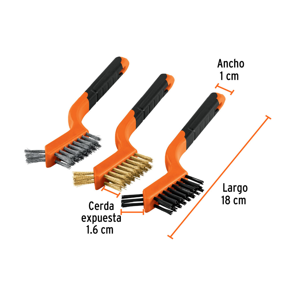 Juego de 3 mini cepillos de alambre 28 pinceles, TRUPER JCEA-3 (10652)