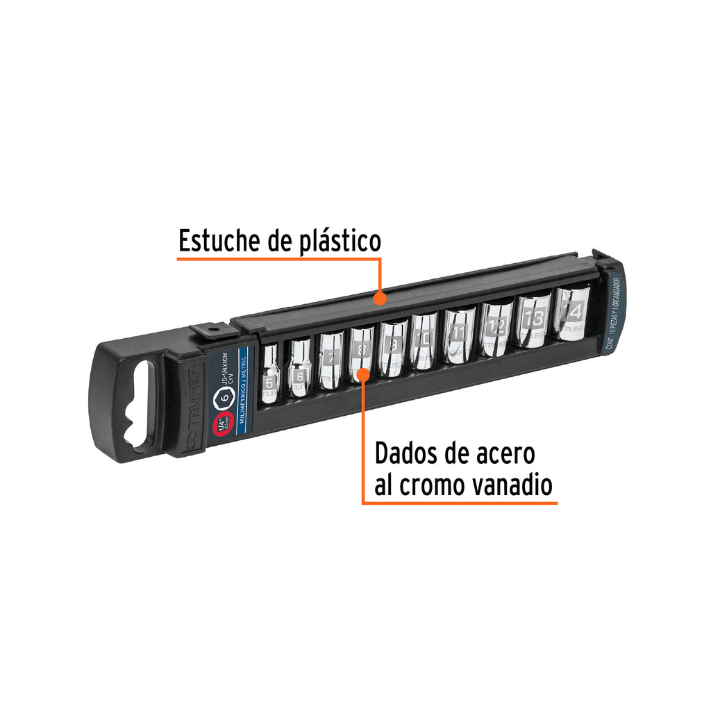 Juego de 10 dados cuadro 1/4" mm, TRUPER JD-1/4X10M (14166)