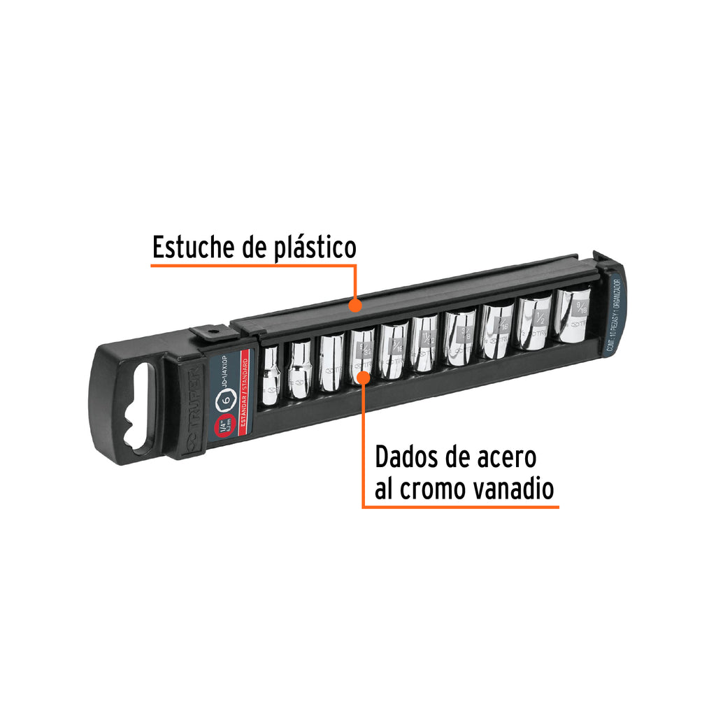 Juego de 10 dados cuadro 1/4" std, TRUPER  JD-1/4X10P (14165)