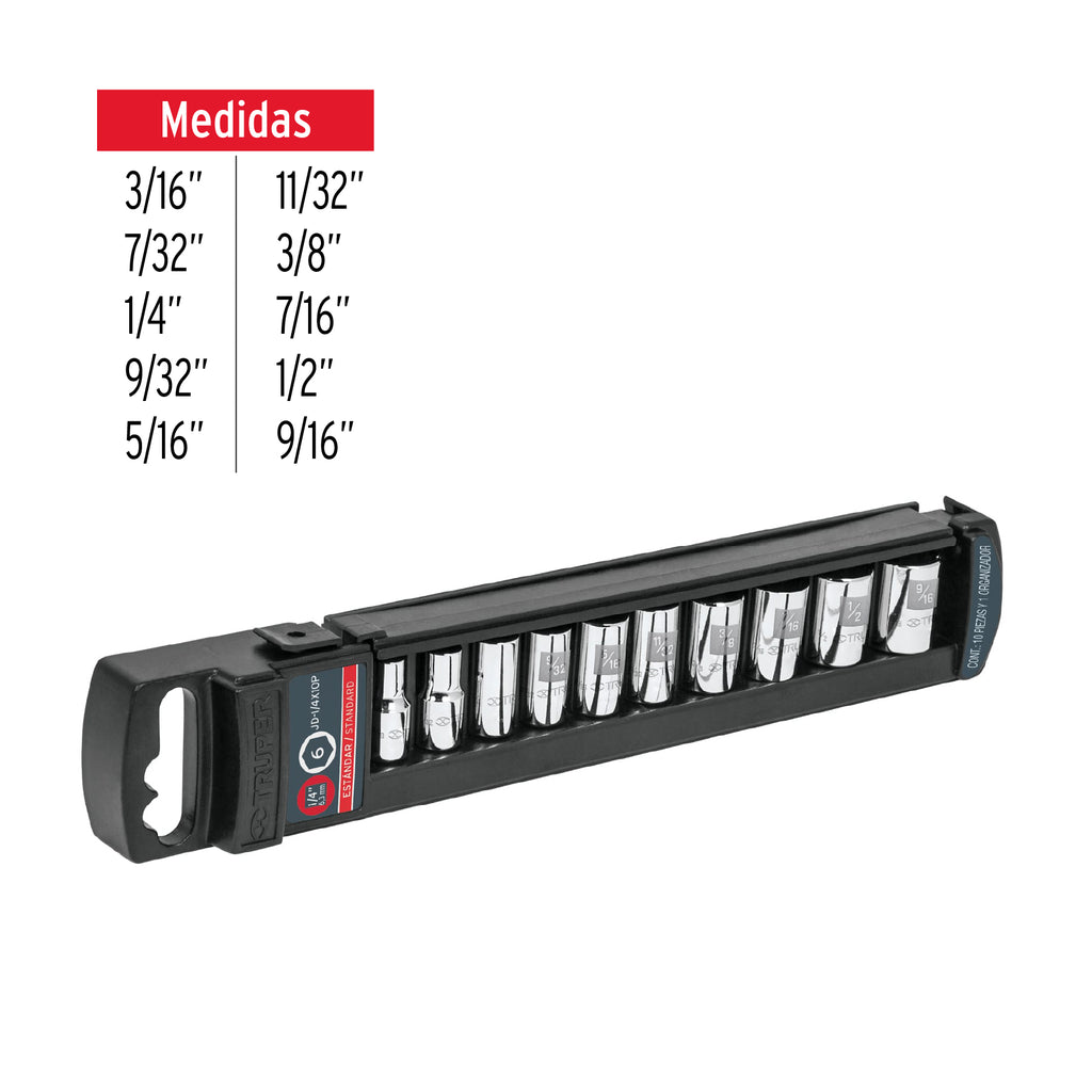 Juego de 10 dados cuadro 1/4" std, TRUPER  JD-1/4X10P (14165)