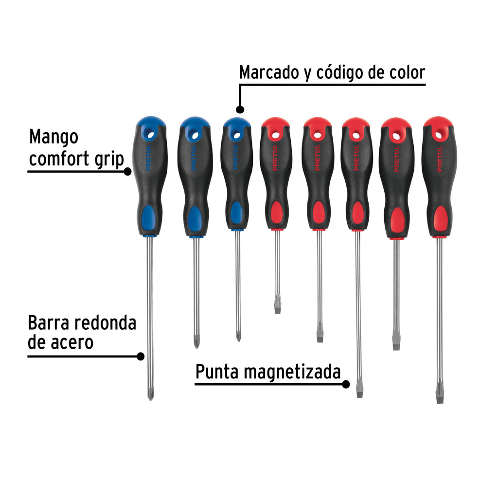 Juego de 8 desarmadores mango Comfort Grip, PETRUL  JD-8BP (20219)