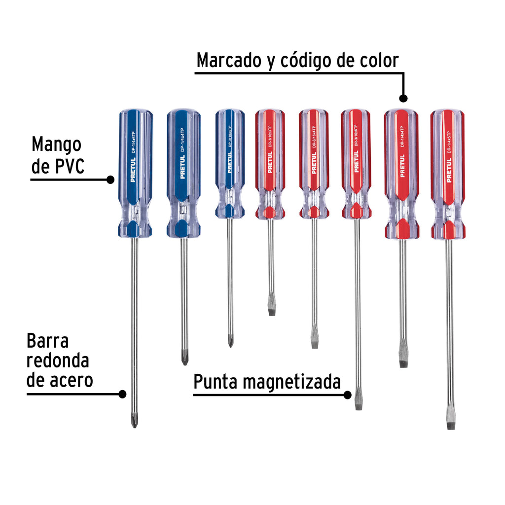 Juego de 8 desarmadores mango de PVC, PRETUL  JD-8TP (20213)