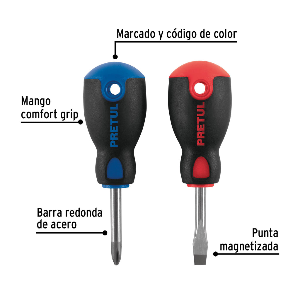 Dúo de desarmadores 1/4" x 1-1/2" mango Comfort Grip, PRETUL  JDT-2BP (20217)