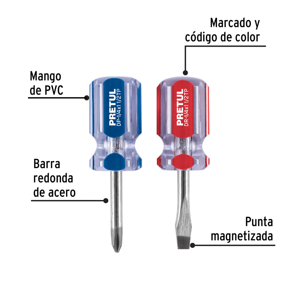 Dúo de desarmadores 1/4 x 1-1/2" mango de PVC, PRETUL  JDT-2TP (21379)