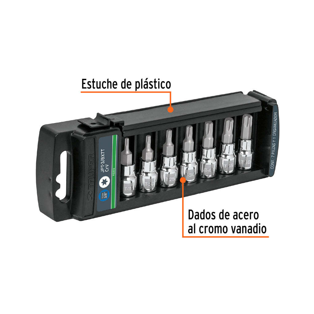 Juego de 7 dados cuadro 3/8" punta torx, TRUPER JPT-3/8X7T (14171)