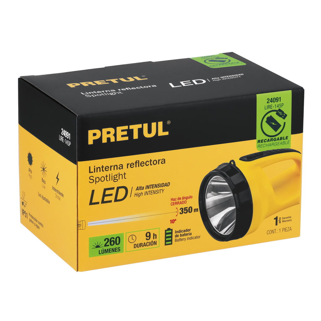 Linterna reflectora LED 260 lm, recargable, PRETUL LIRE-145P (24091)