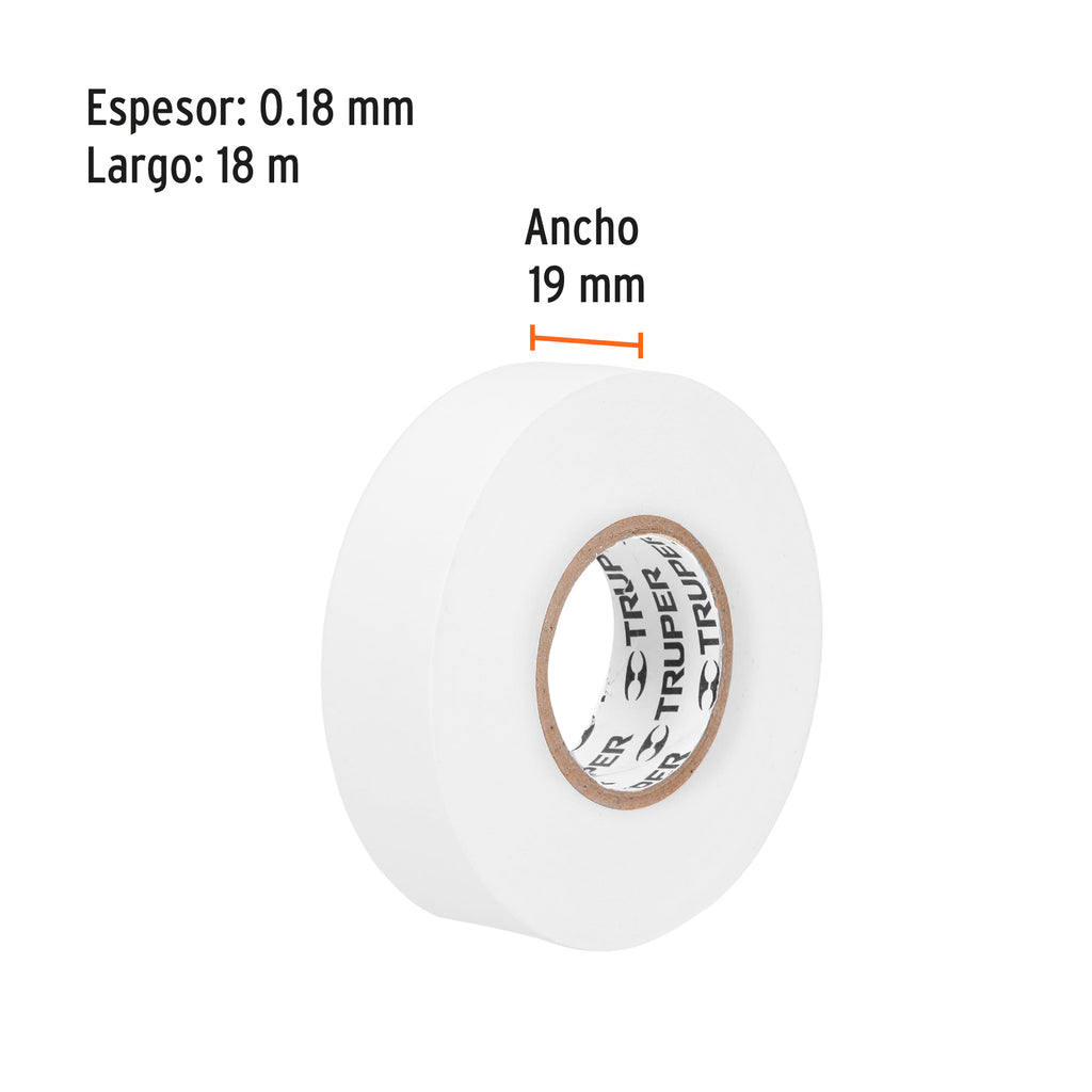 Cinta de aislar de 18 m x 19 mm, blanca, TRUPER M-33B (12506)