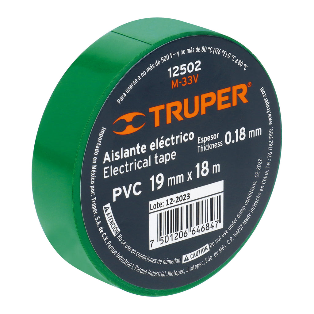 Cinta de aislar de 18 m x 19 mm, verde, TRUPER M-33V (12502)