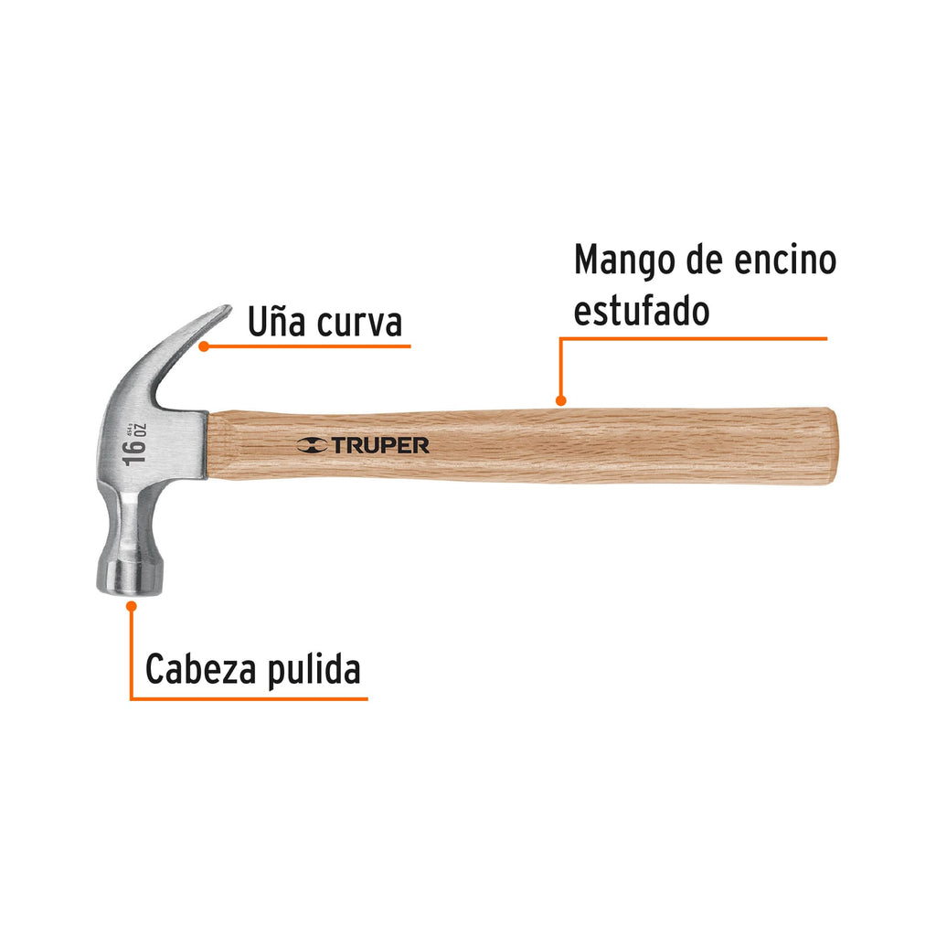 Martillo pulido 16 oz uña curva, mango madera, TRUPER MA-16 (16752)