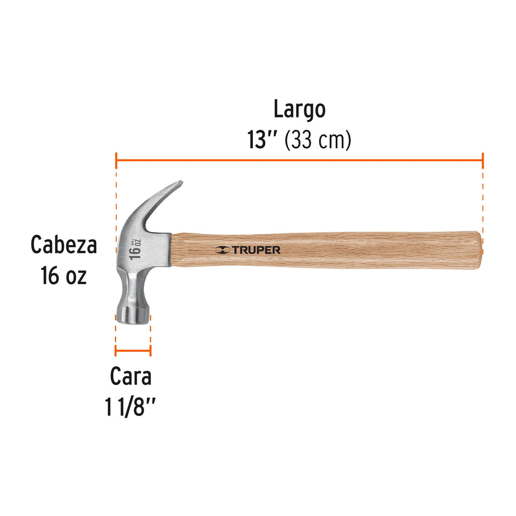 Martillo pulido 16 oz uña curva, mango madera, TRUPER MA-16 (16752)