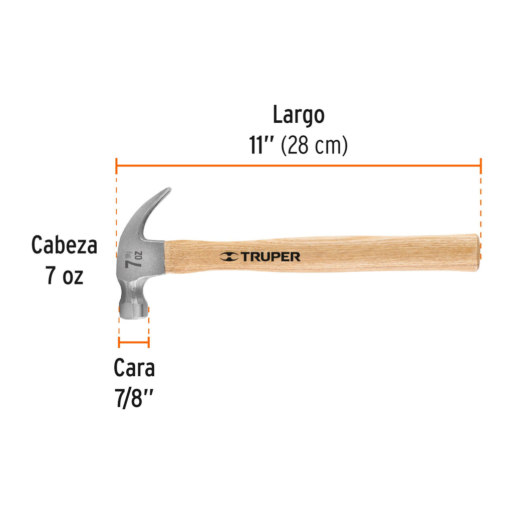 Martillo pulido 7 oz uña curva, mango madera, TRUPER MA-7 (16750)