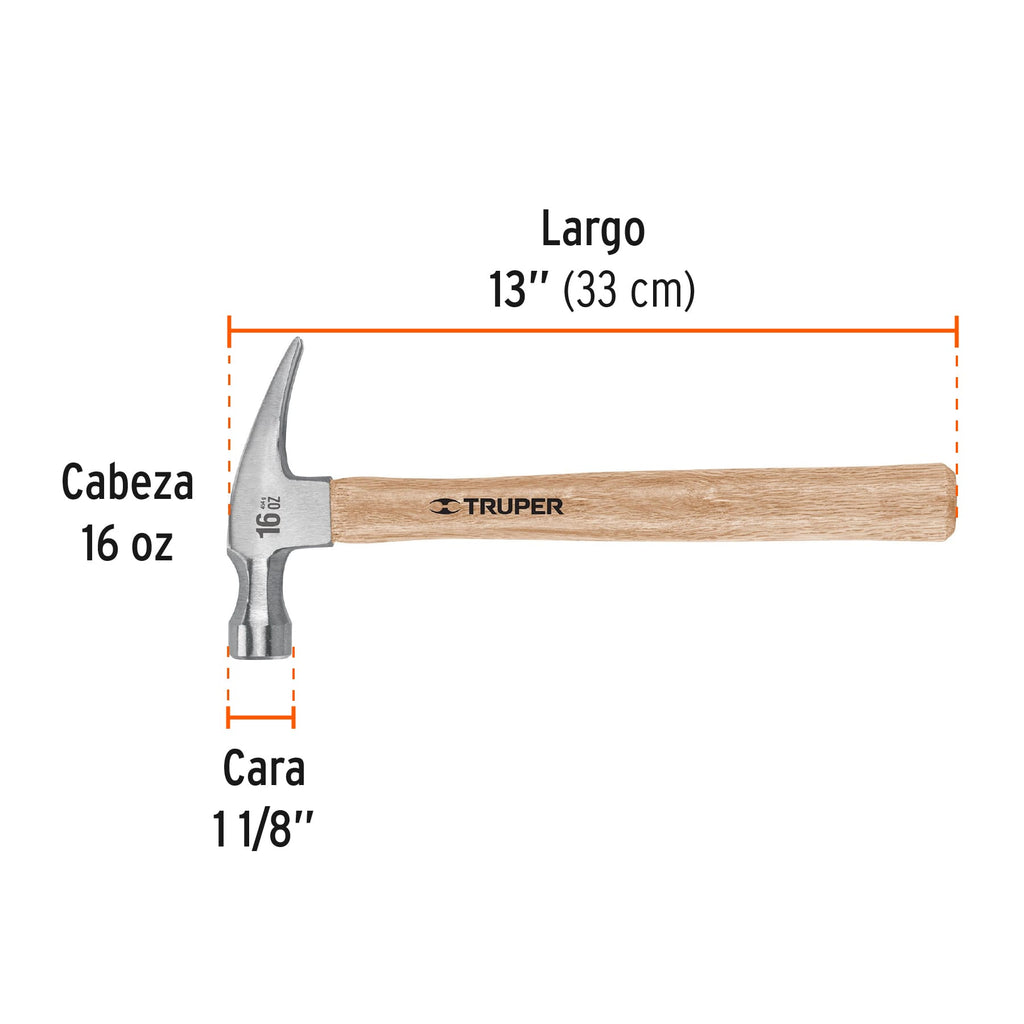 Martillo pulido 16 oz uña recta, mango madera, TRUPER MAR-16 (16754)