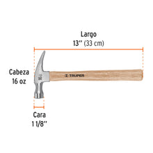 Cargar imagen en el visor de la galería, Martillo pulido 16 oz uña recta, mango madera, TRUPER MAR-16 (16754)