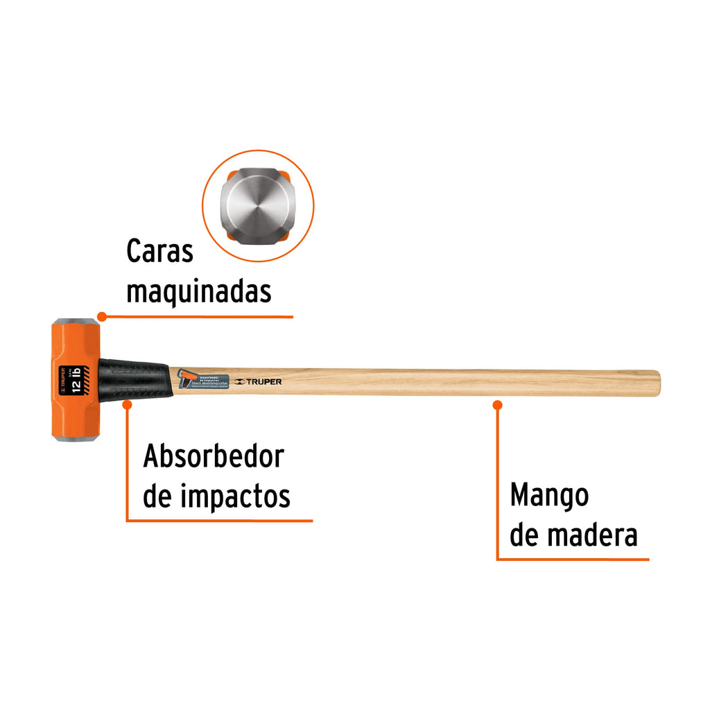 Marro octagonal 12 lb, mango de madera 36", TRUPER MD-12M (16513)