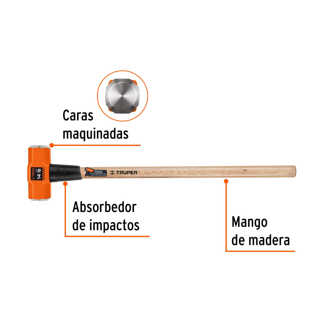 Marro octagonal 14 lb, mango de madera 36", TRUPER MD-14M (16514)