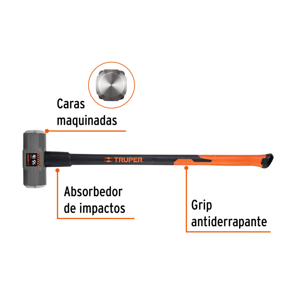 Marro octagonal 16 lb, mango fibra de vidrio 36", TRUPER MD-16F (16546)