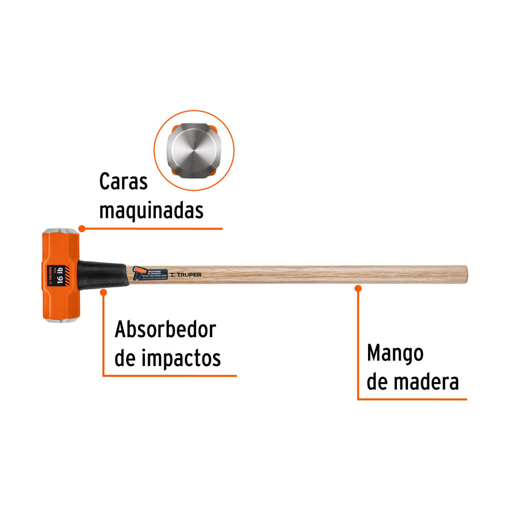Marro octagonal 16 lb, mango de madera 36", TRUPER MD-16M (16515)