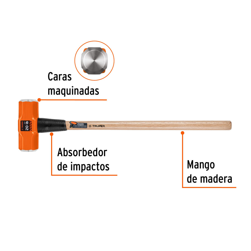 Marro octagonal 20 lb, mango de madera 36", TRUPER MD-20M (16516)
