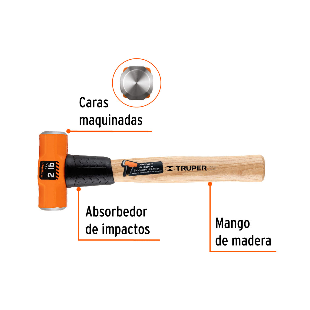 Marro octagonal 2 lb, mango de madera 12", TRUPER MD-2M (16506)