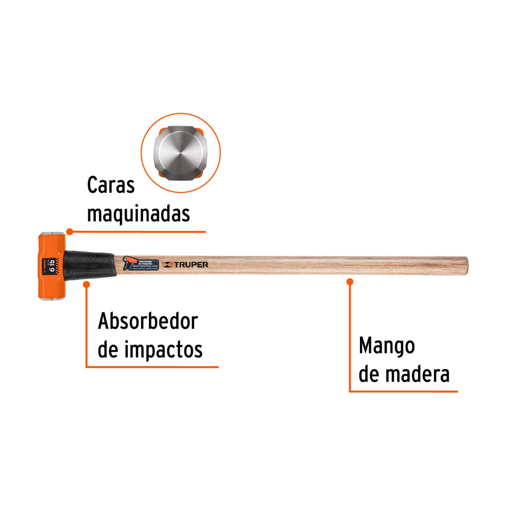 Marro octagonal 6 lb, mango de madera 36", TRUPER MD-6M (16509)