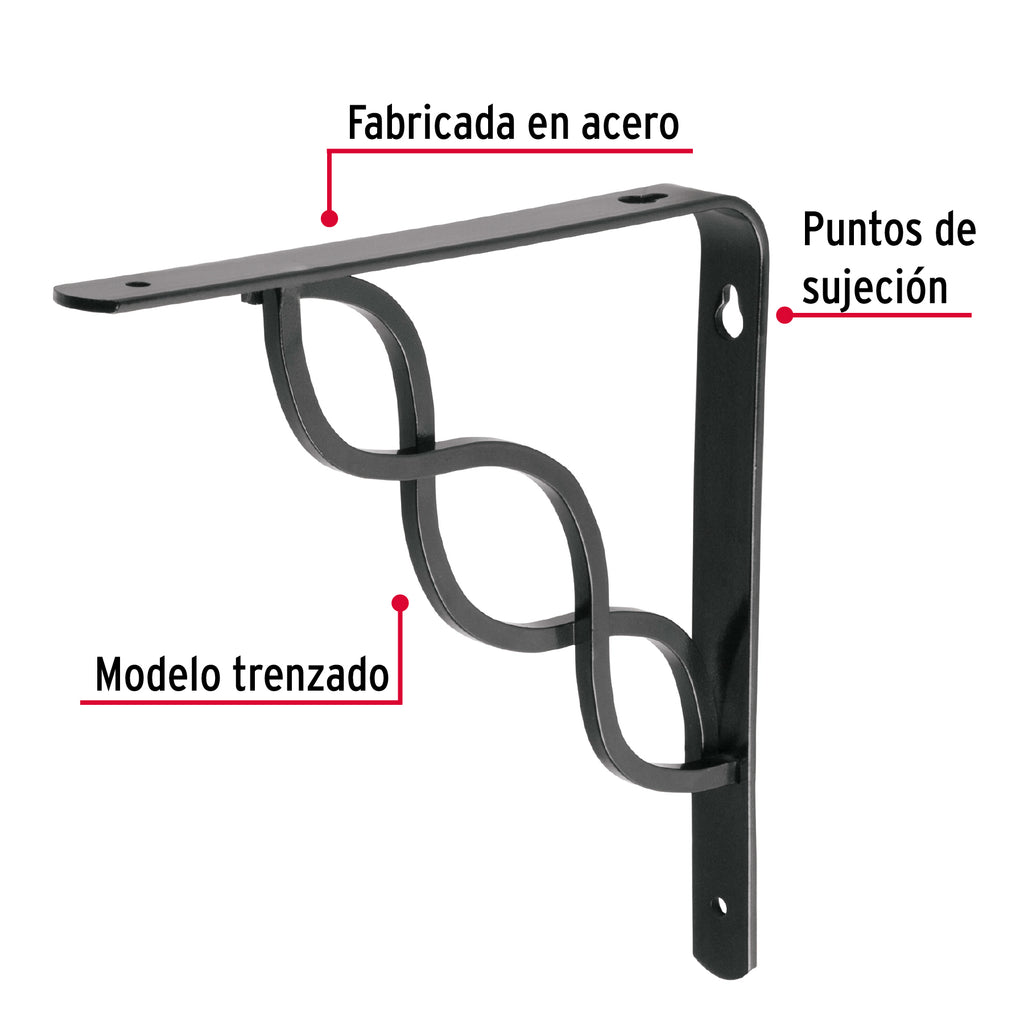 Ménsula reforzada negra 8 x 8" diseño trenza, FIERO MED -8NT (47701)